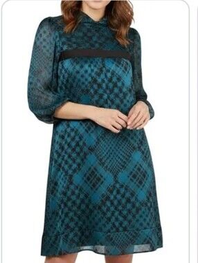 ANTONIO MELANI Teal and Brown Houndstooth / Dark Acadamia A Line Dress